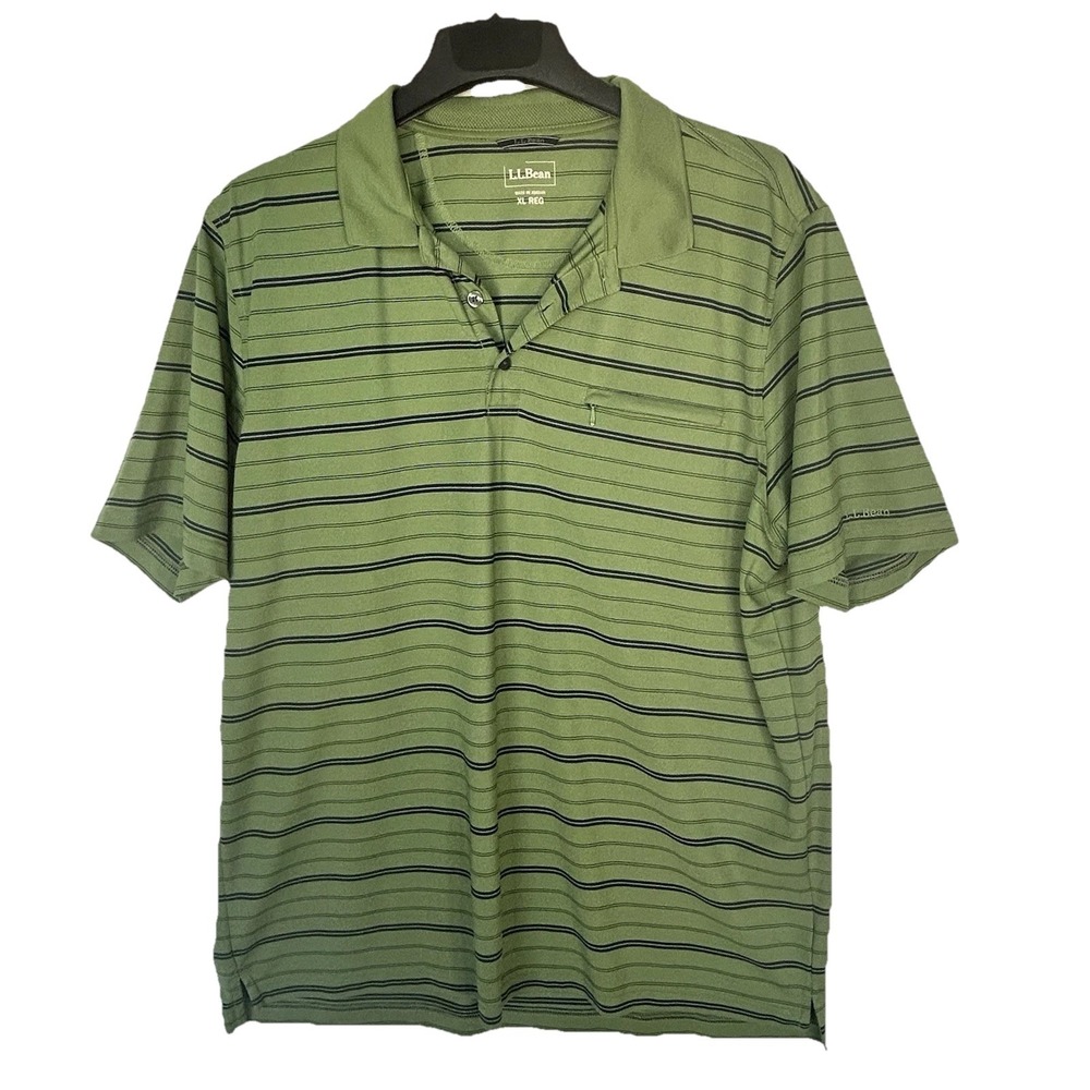 L.L. Bean Men's Polo XL Shirt Striped Green Moisture Wicking Zip Pocket
